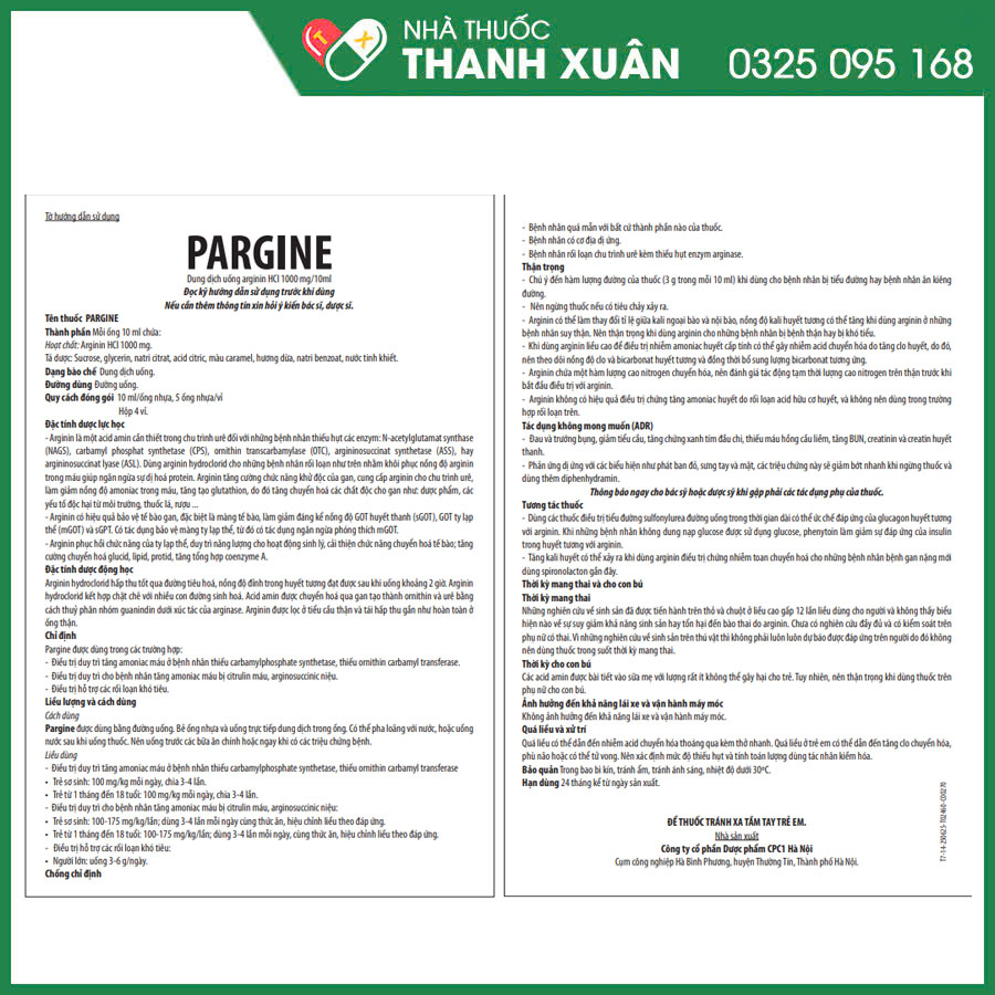 Pargine thuốc điều trị tăng amoniac máu, điều trị hỗ trợ các bệnh khó tiêu